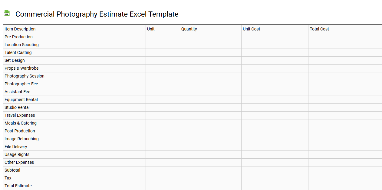 Commercial photography estimate Excel template