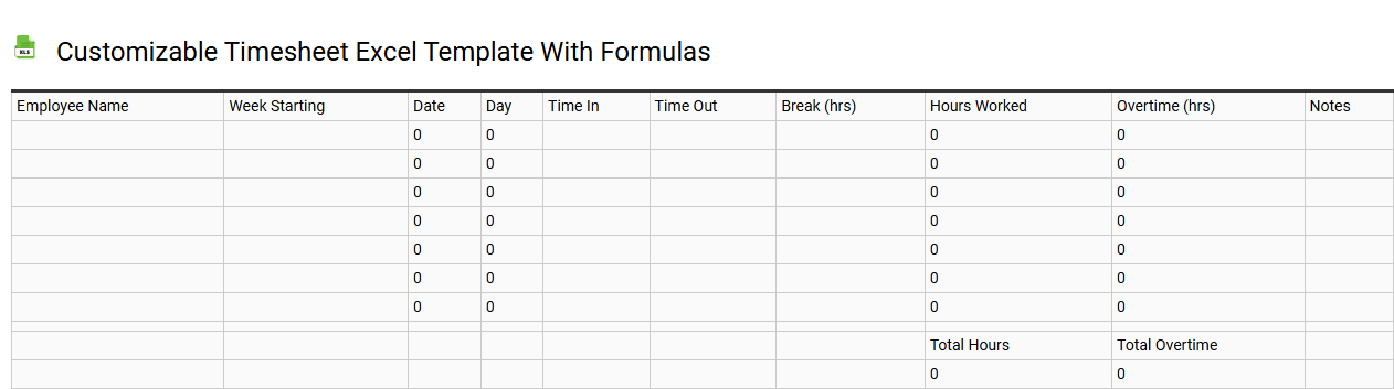Customizable timesheet Excel template with formulas