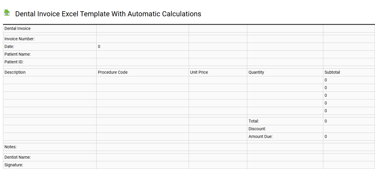 Dental invoice Excel template with automatic calculations