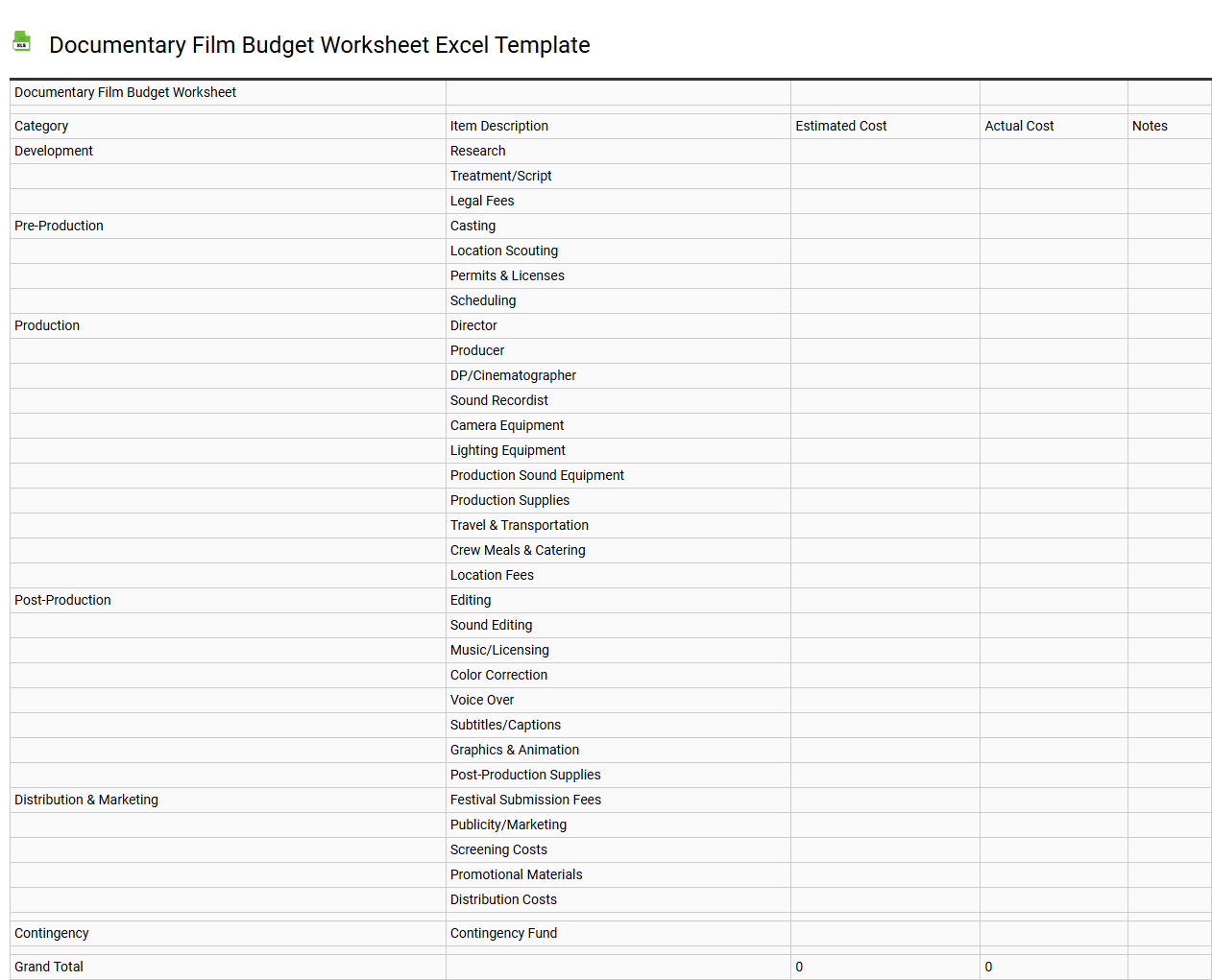 Documentary film budget worksheet Excel template