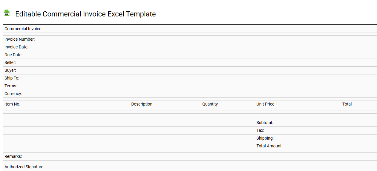 Editable commercial invoice Excel template