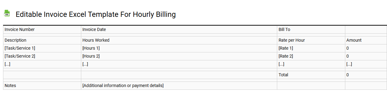 Editable invoice Excel template for hourly billing