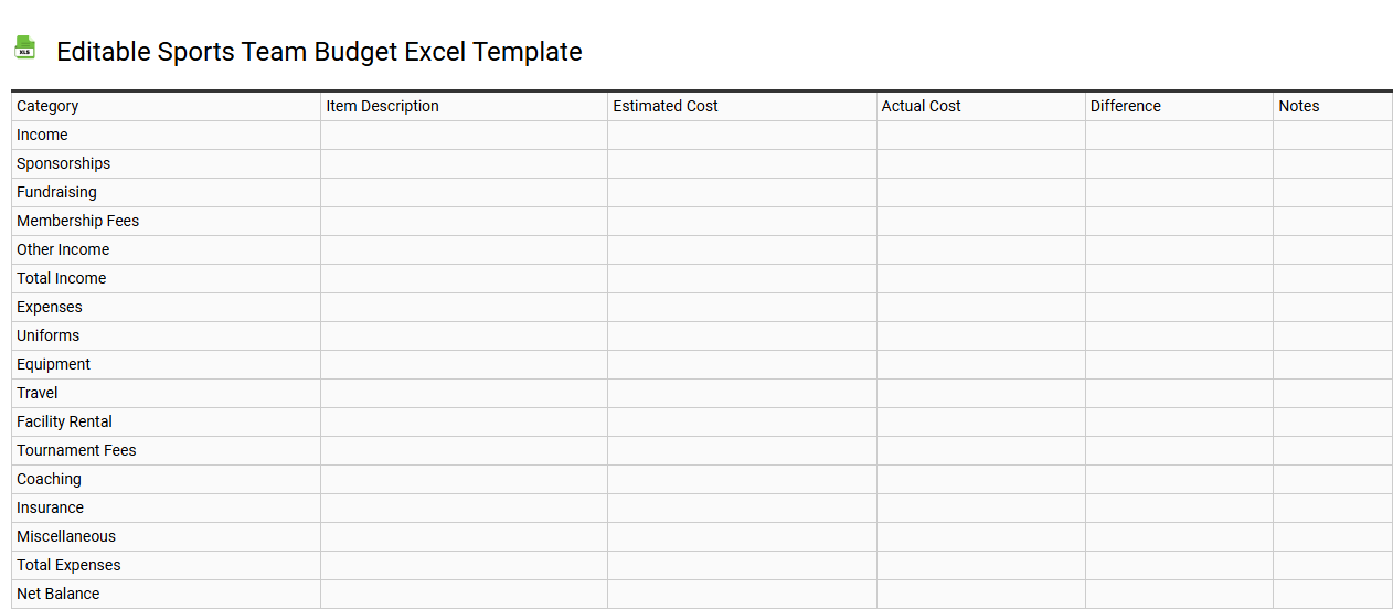 Editable sports team budget Excel template