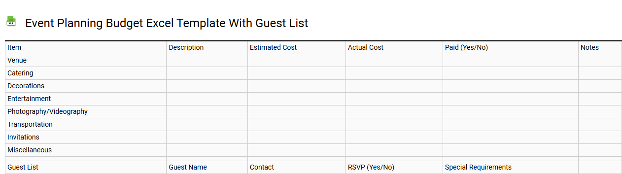 Event planning budget Excel template with guest list