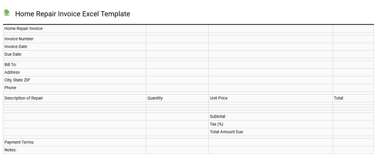 Home repair invoice Excel template