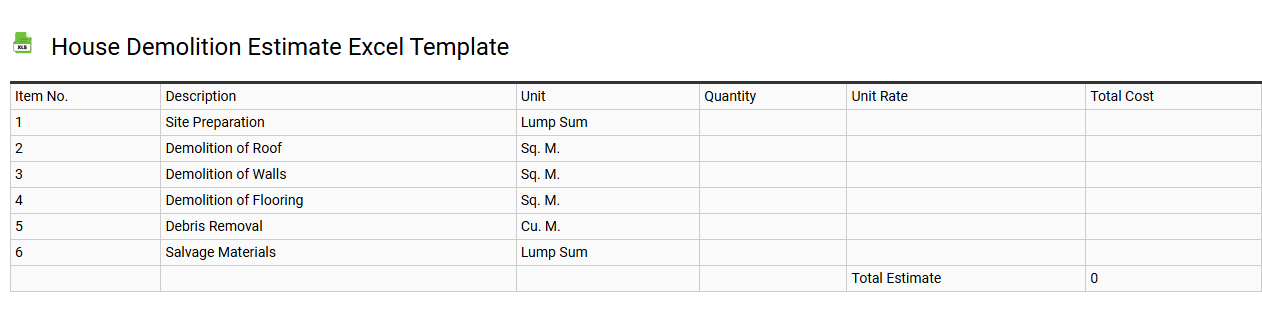 House demolition estimate Excel template