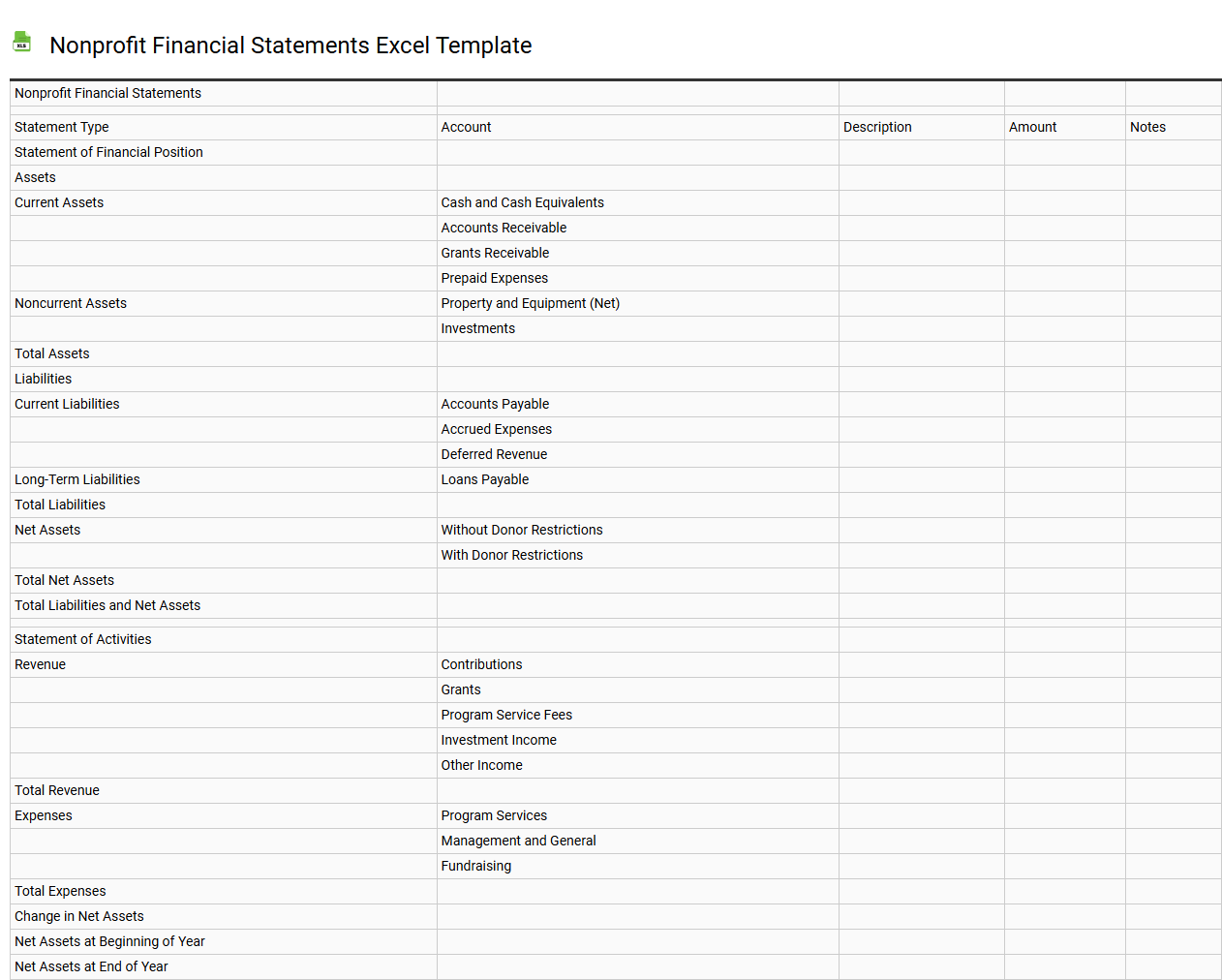 Nonprofit financial statements Excel template