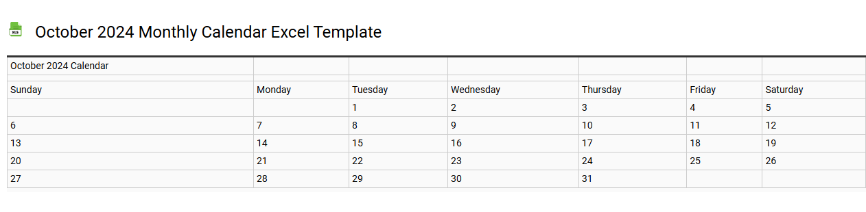 October 2024 monthly calendar Excel template