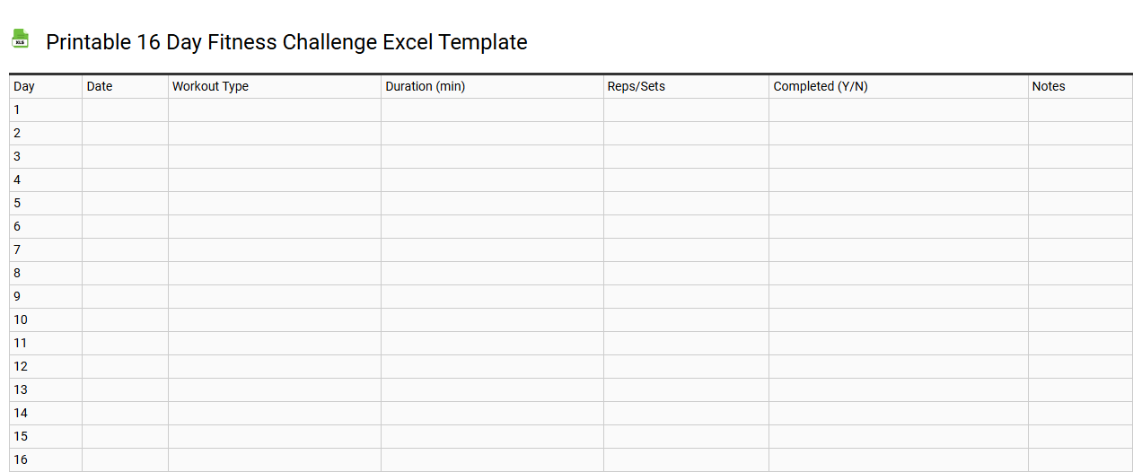 Printable 16 day fitness challenge Excel template