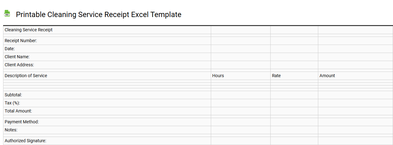 Printable cleaning service receipt Excel template