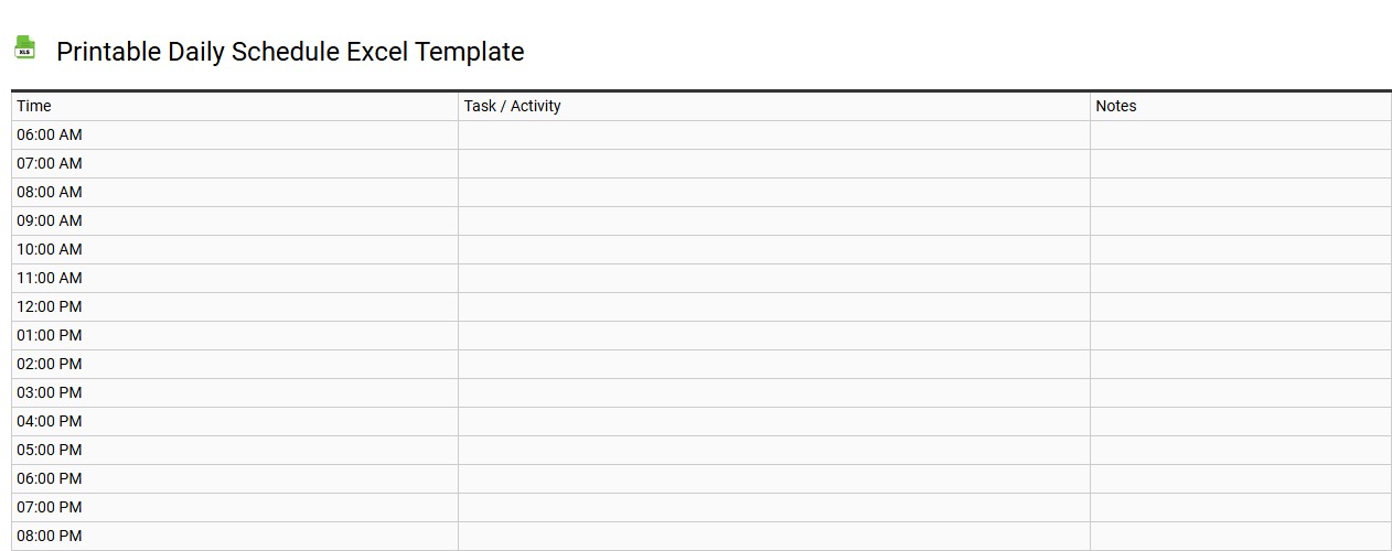 Printable daily schedule Excel template