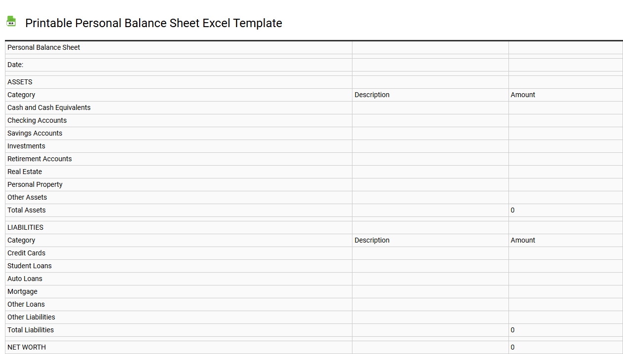 Printable personal balance sheet Excel template