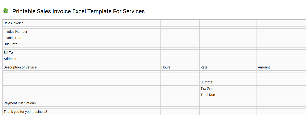 Printable sales invoice Excel template for services