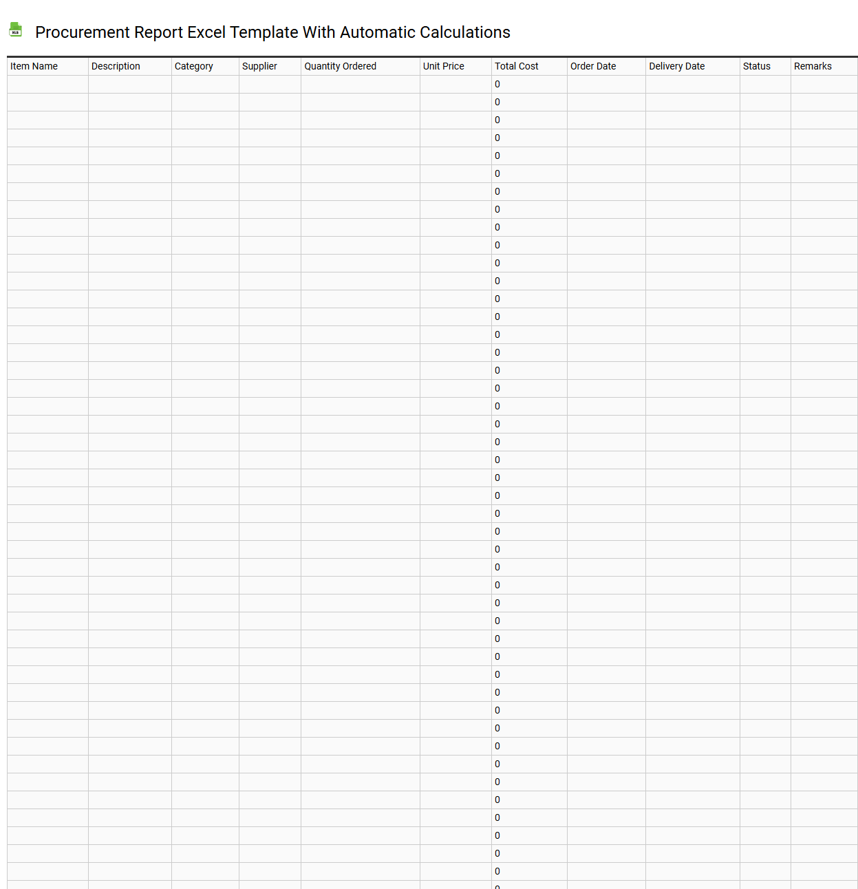 Procurement report Excel template with automatic calculations