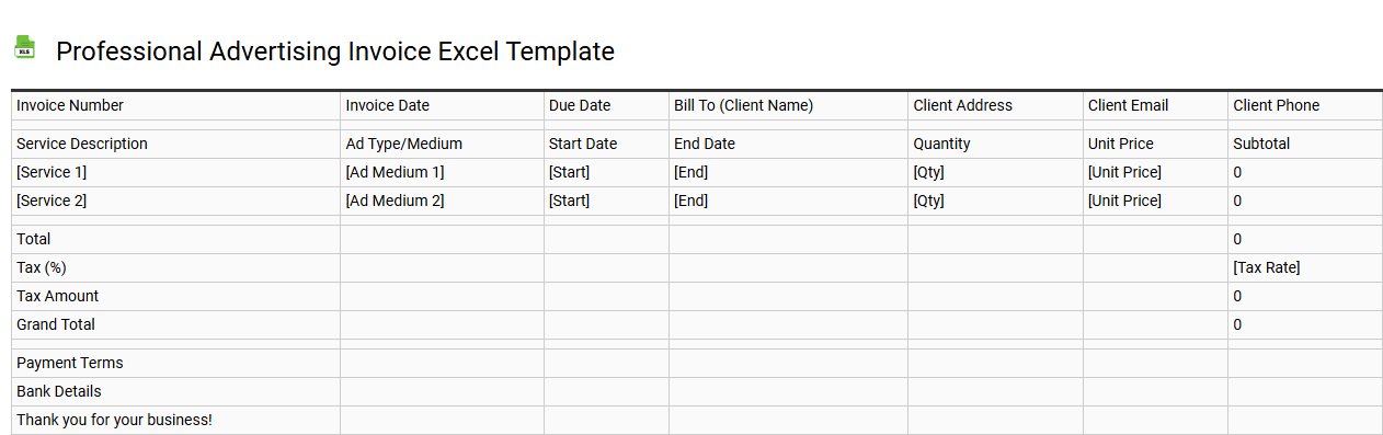 Professional advertising invoice Excel template