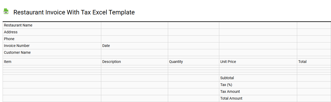 Restaurant invoice with tax Excel template