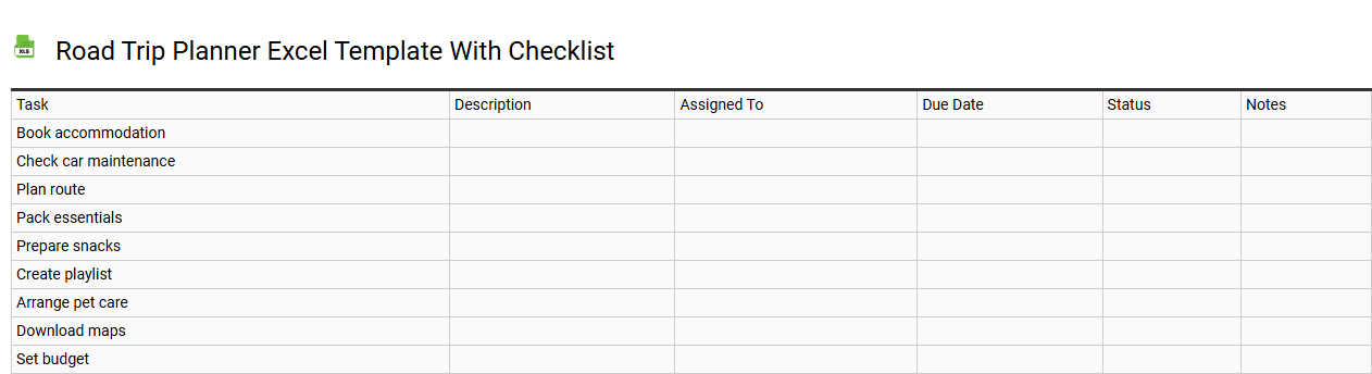 Road trip planner Excel template with checklist