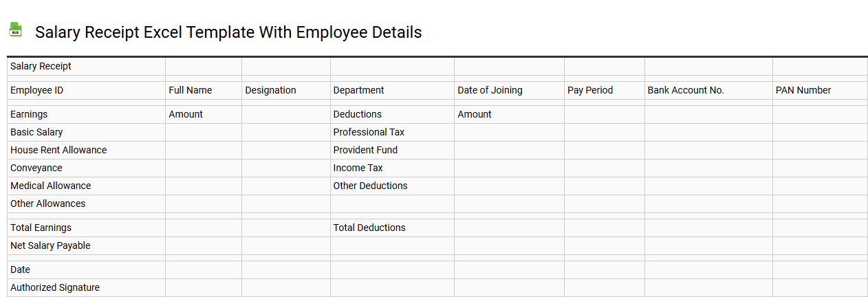 Salary receipt Excel template with employee details