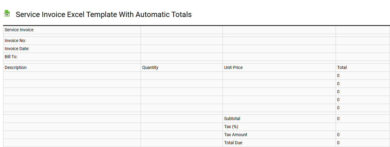 Service invoice Excel template with automatic totals