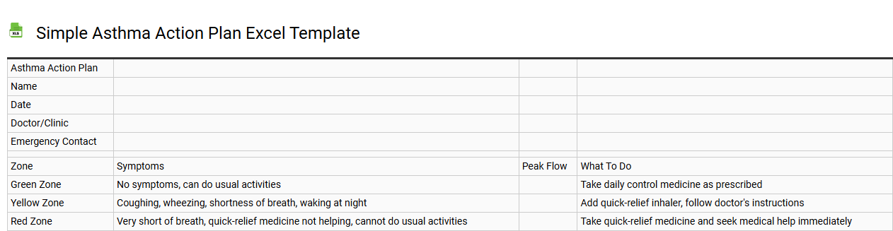 Simple asthma action plan Excel template