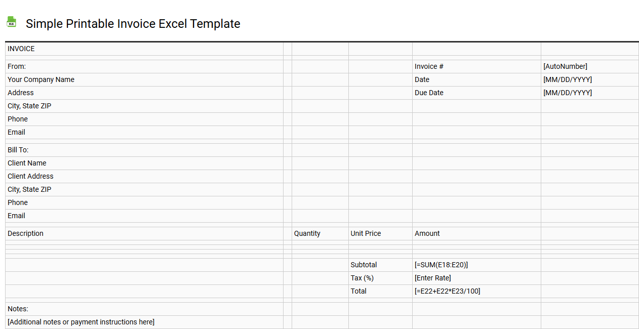 Simple printable invoice Excel template