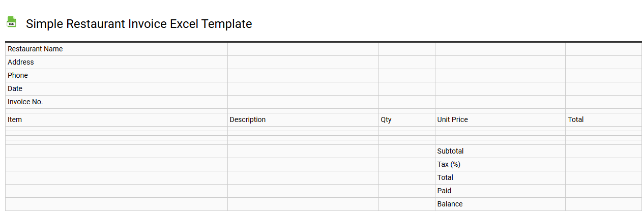 Simple restaurant invoice Excel template