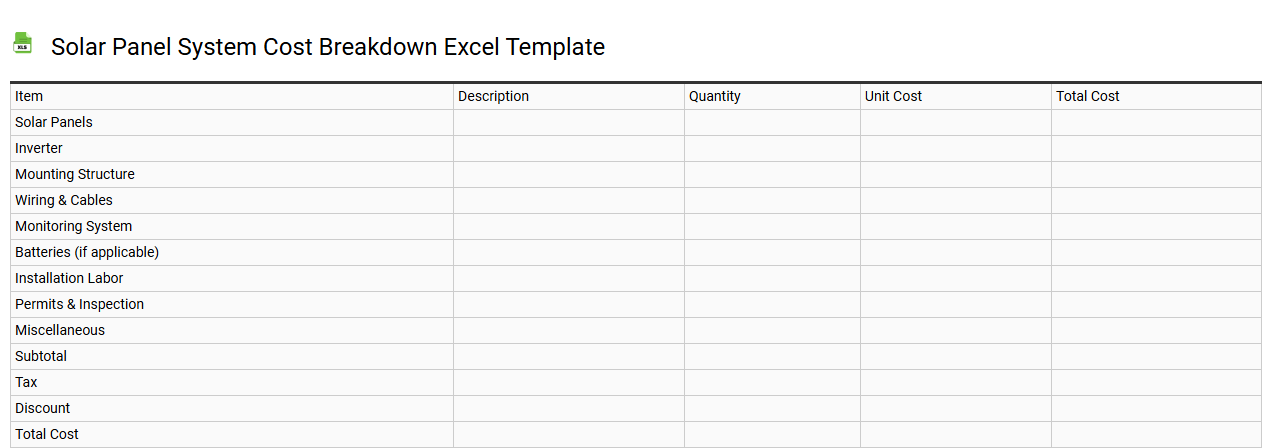 Solar panel system cost breakdown Excel template