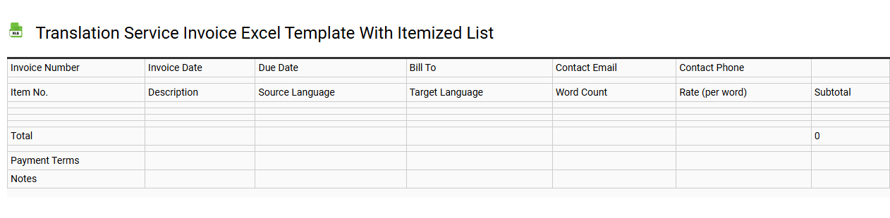 Translation service invoice Excel template with itemized list