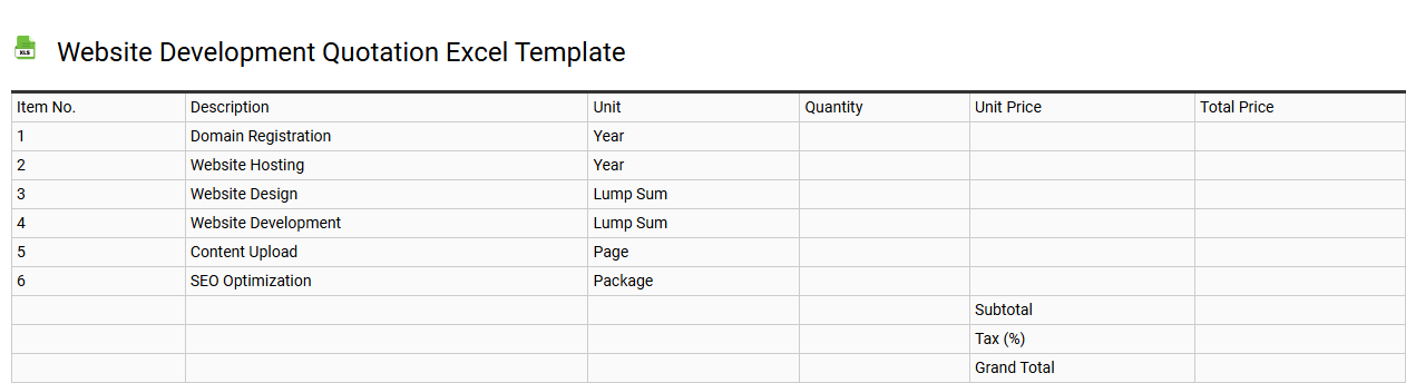 Website development quotation Excel template