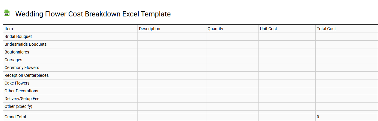 Wedding flower cost breakdown Excel template