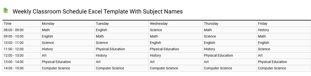 Weekly classroom schedule Excel template with subject names