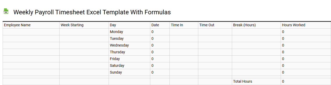 Weekly payroll timesheet Excel template with formulas