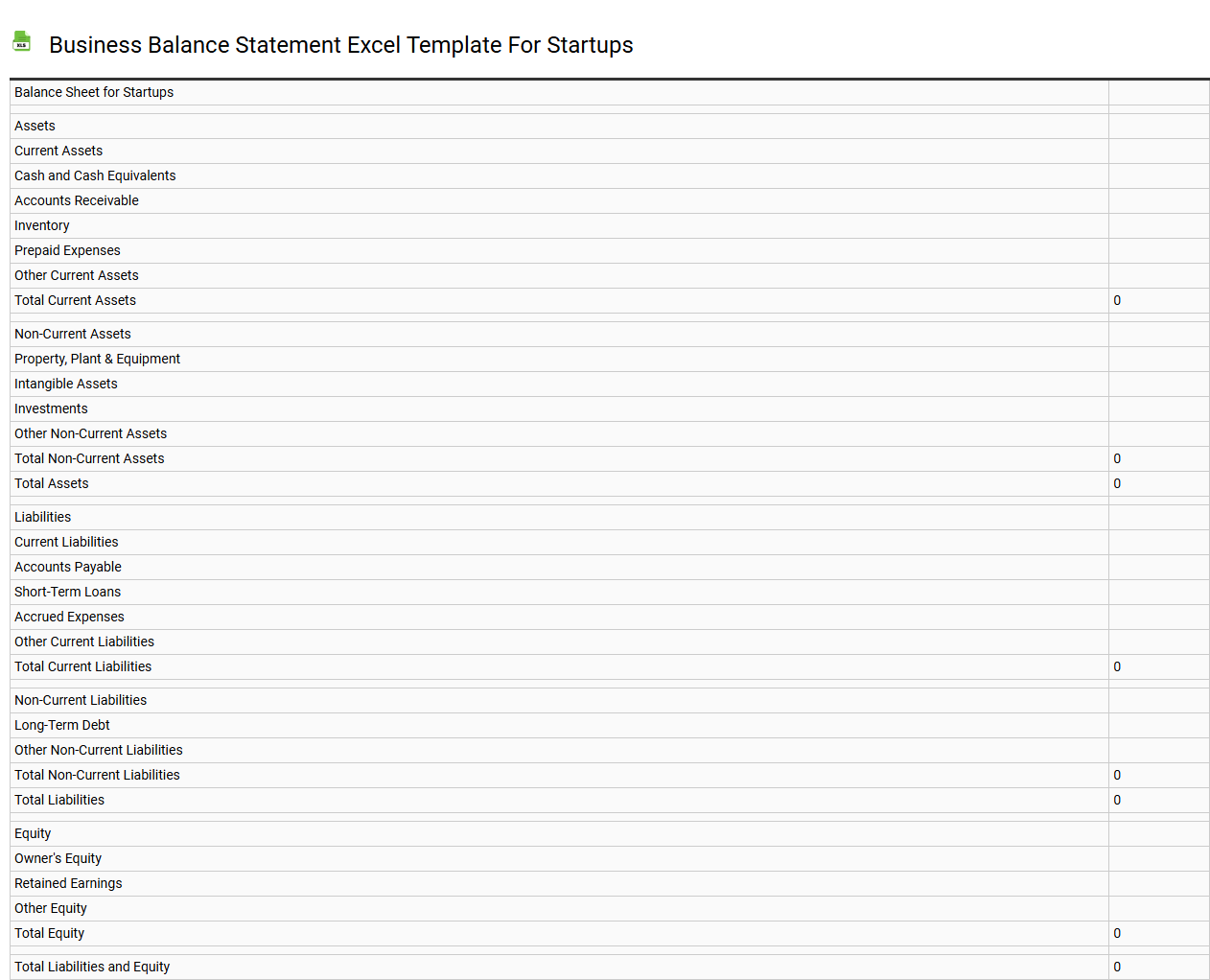 Business balance statement Excel template for startups