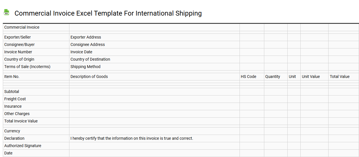 Commercial invoice Excel template for international shipping