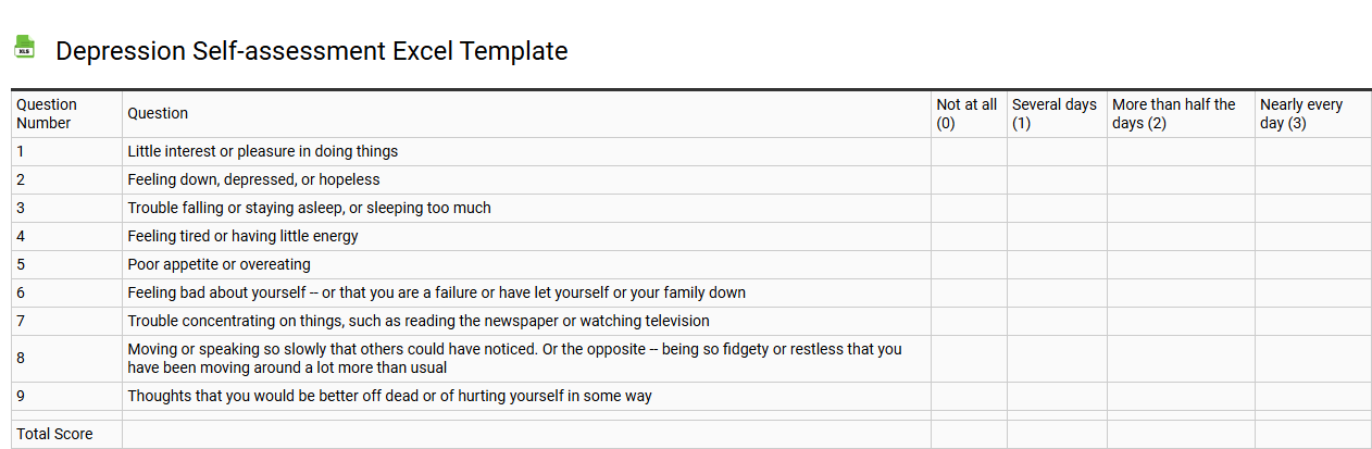 Depression self-assessment Excel template