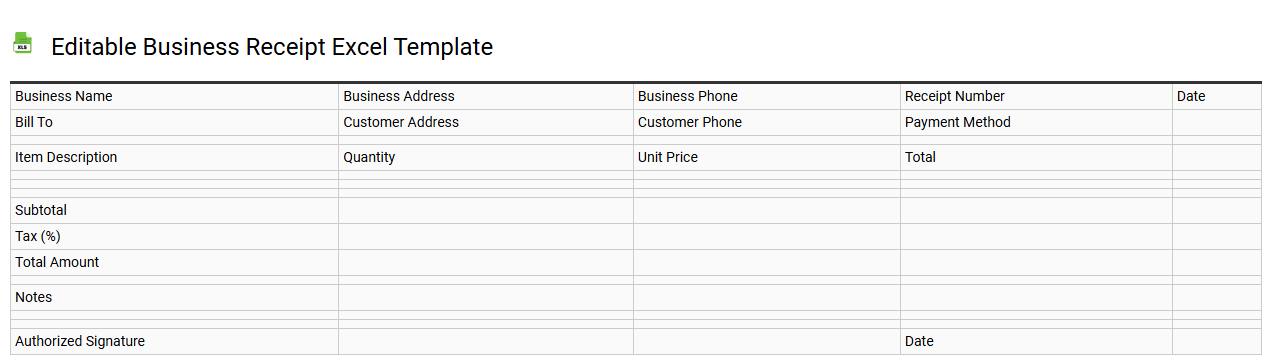 Editable business receipt Excel template