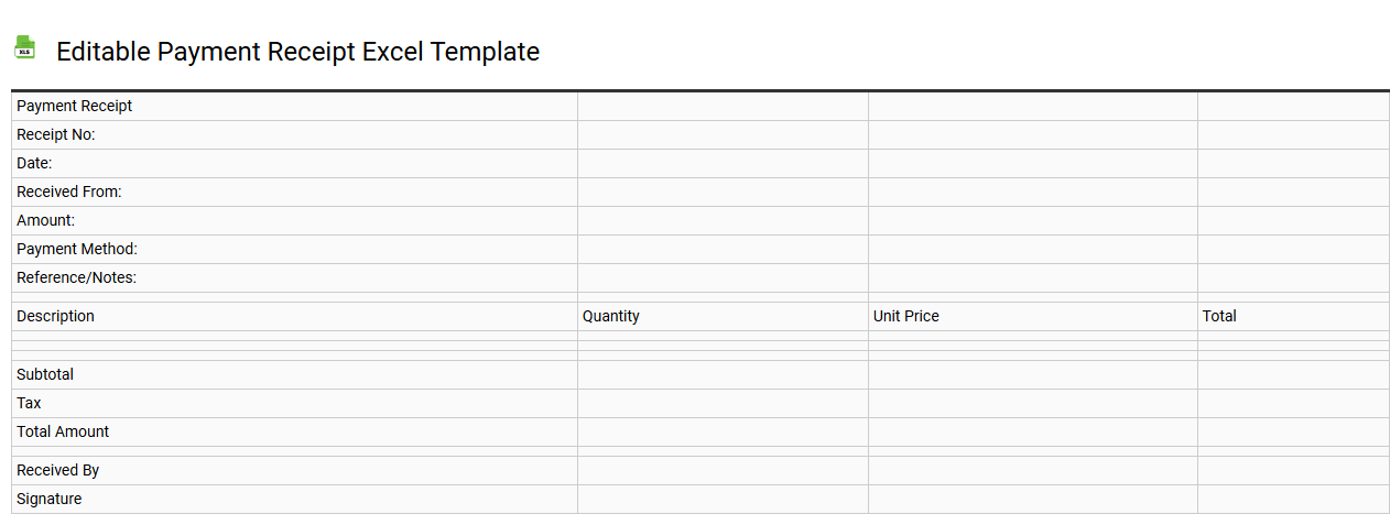 Editable payment receipt Excel template