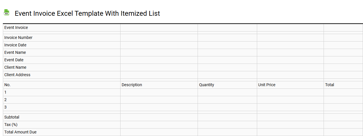 Event invoice Excel template with itemized list