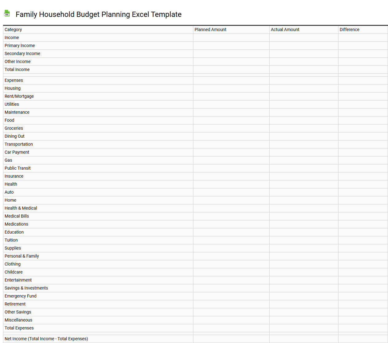 Family household budget planning Excel template