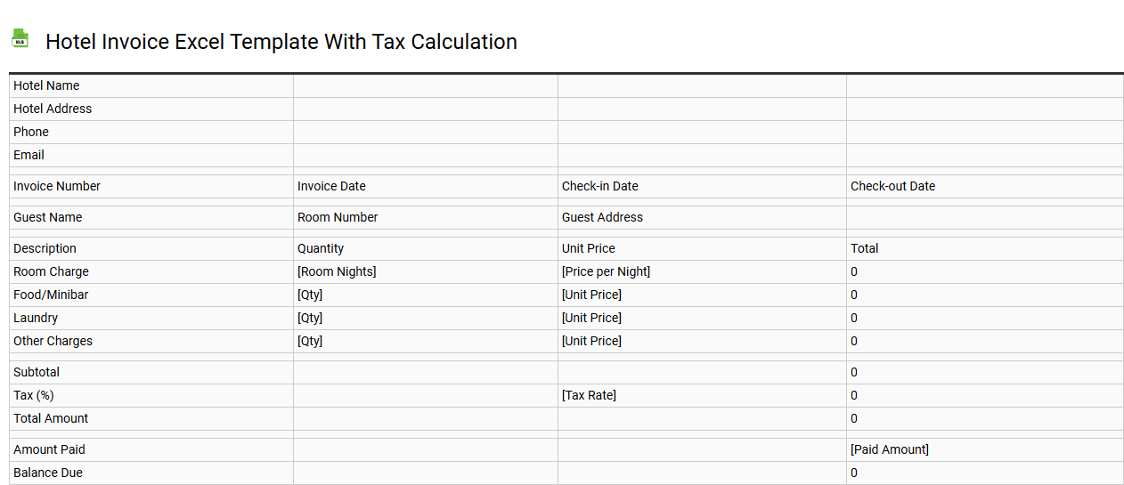 Hotel invoice Excel template with tax calculation