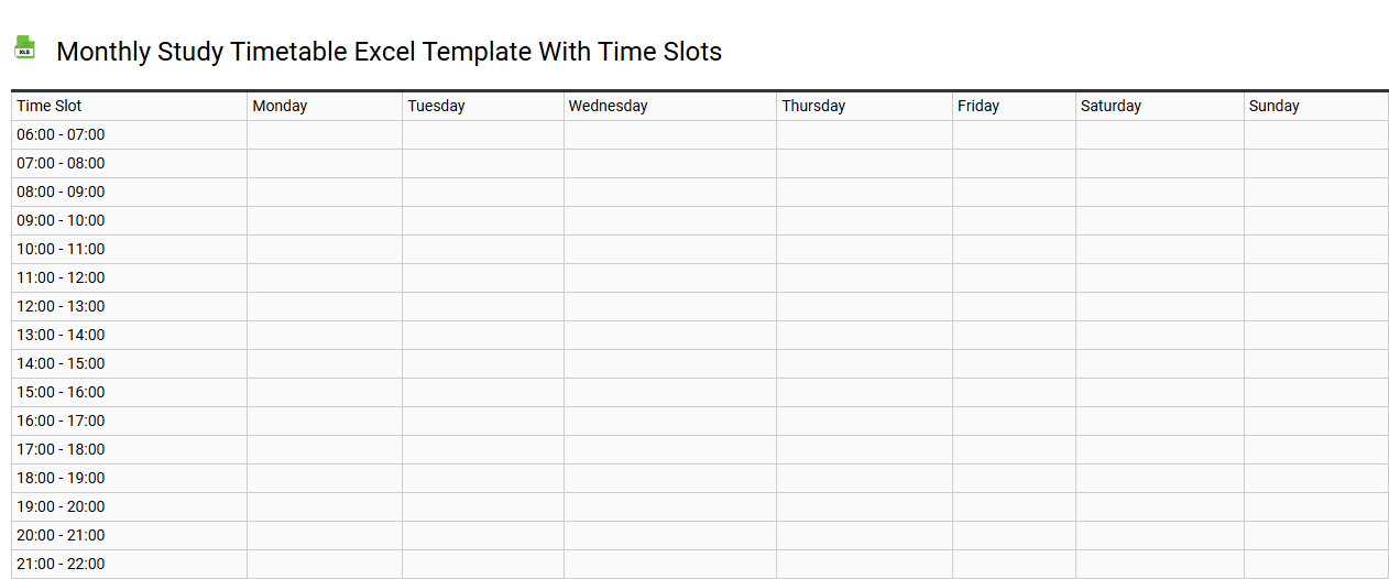 Monthly study timetable Excel template with time slots