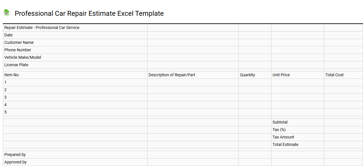Professional Car repair estimate Excel template