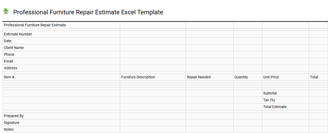 Professional furniture repair estimate Excel template