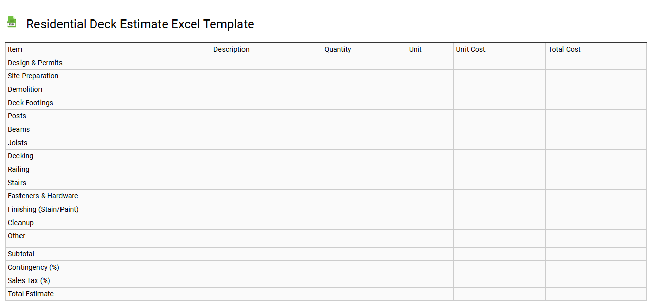 Residential deck estimate Excel template
