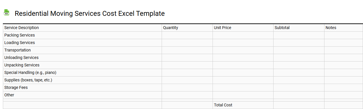 Residential moving services cost Excel template