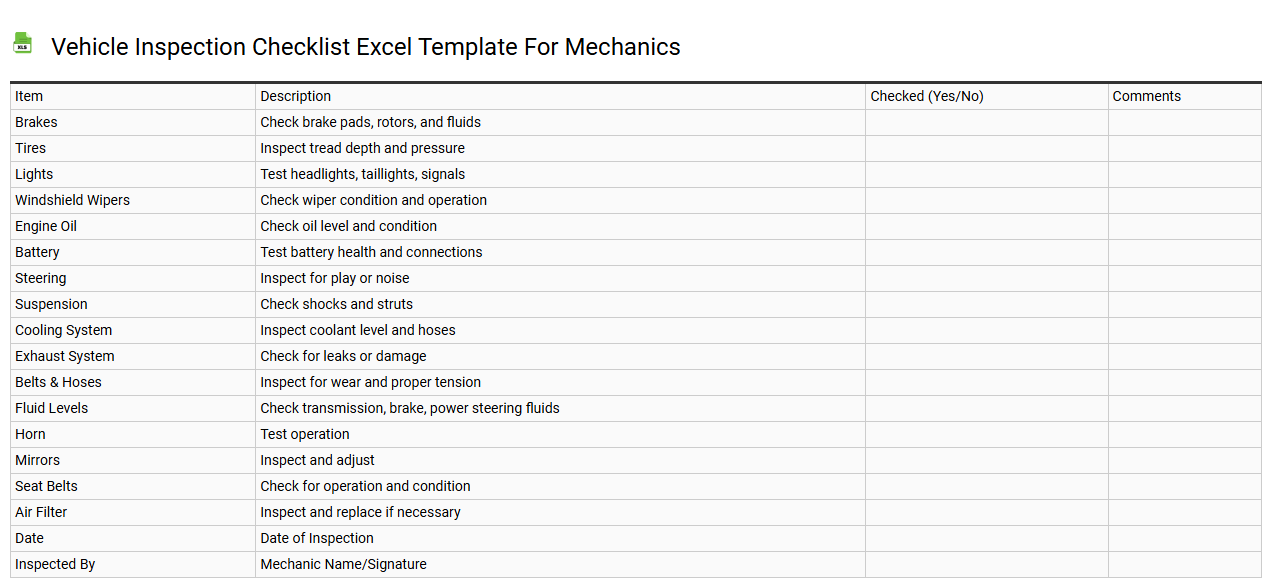 Vehicle inspection checklist Excel template for mechanics