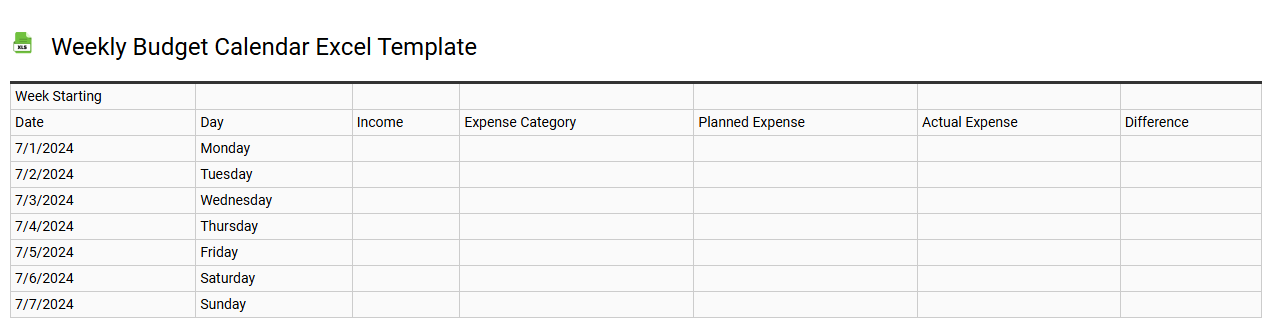 Weekly budget calendar Excel template