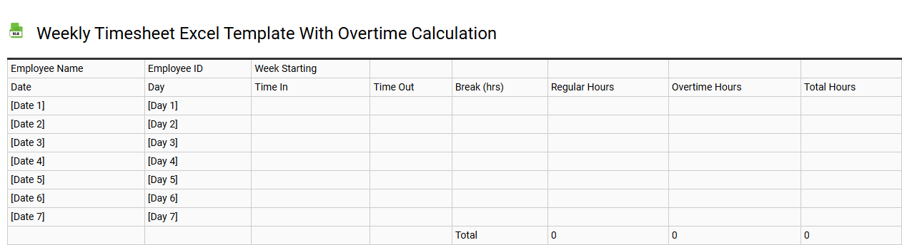 Weekly timesheet Excel template with overtime calculation