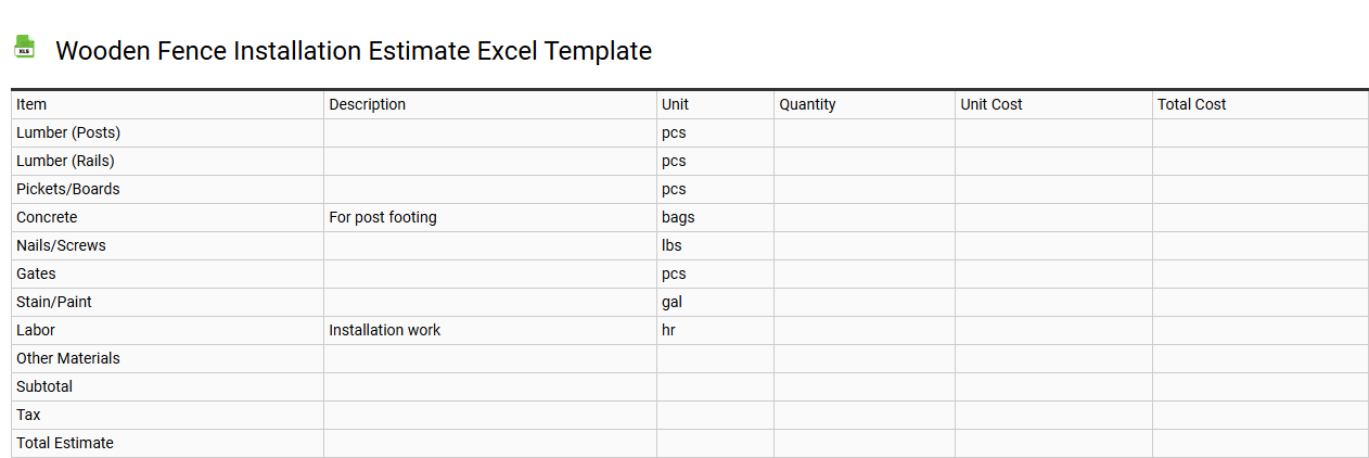 Wooden fence installation estimate Excel template