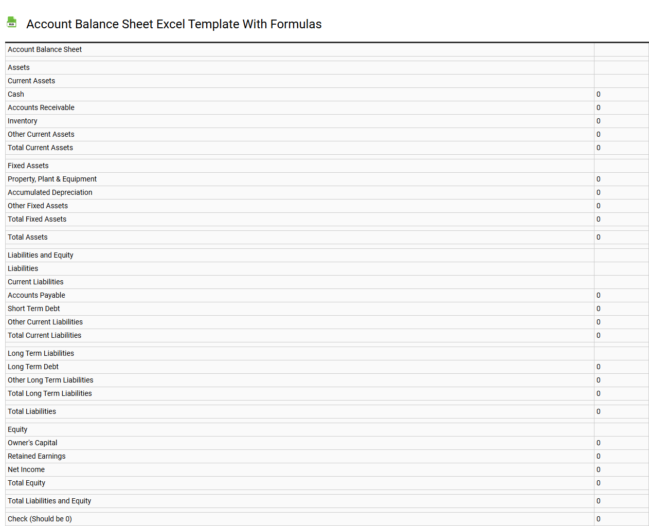 Account balance sheet Excel template with formulas